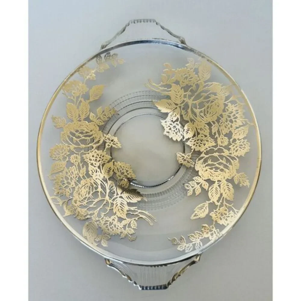Vintage Floral‎ Leaf Silver Overlay Glass Plate W/Handles Silver Trim 8